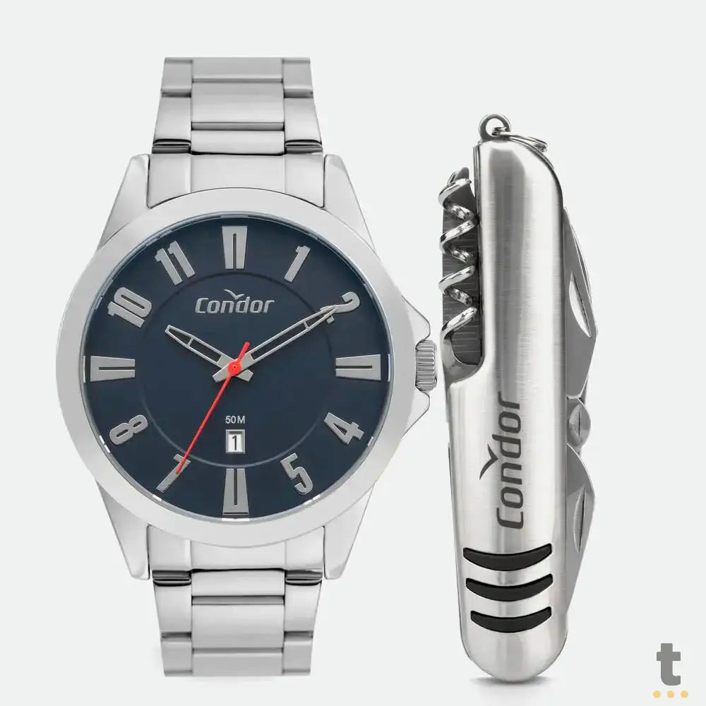 Kit Relógio de Pulso Condor Azul C/ Pulseira em Aço C/ Canivete - CO2115MYI/K4A Truedata
