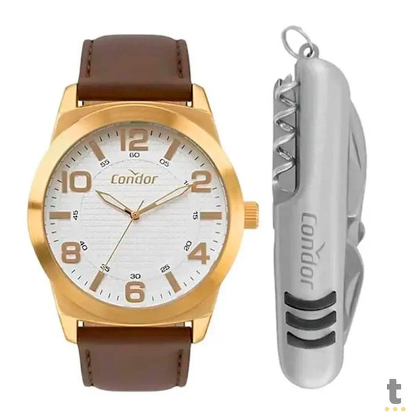 Kit Relógio de Pulso Condor Dourado C/ Pulseira em Couro Marrom - CO2117AG/K5B