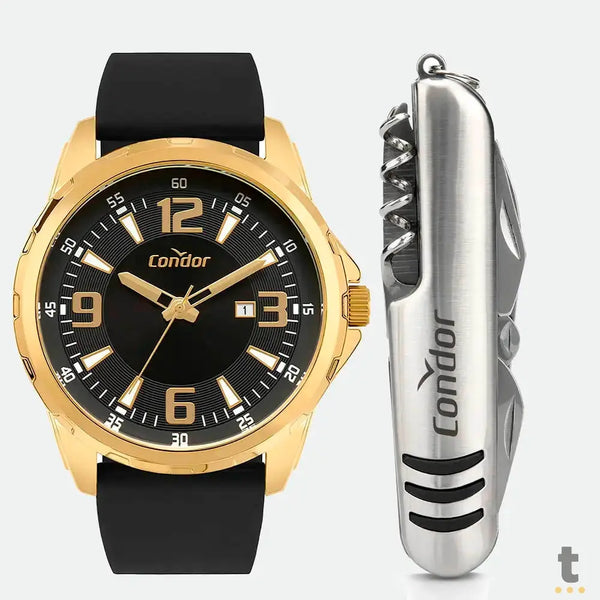 Kit Relógio de Pulso Condor Dourado / Preto C/ Canivete - CO2115MWP/K5P