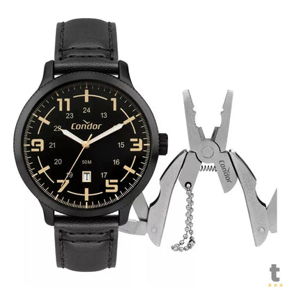 Kit Relógio de Pulso Condor Preto C/ Pulseira em Aço Preto C/ Canivete - CO2115MYU/K5P Truedata