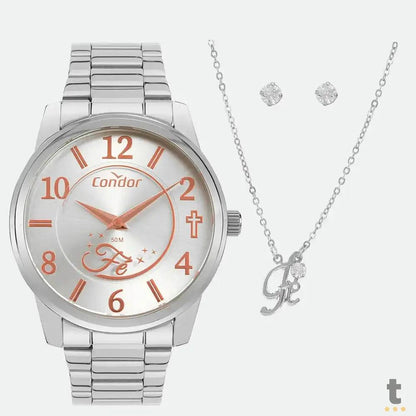 Kit Relógio de Pulso Condor em Aço C/ Colar e Brincos - CO2034AH/K4K Truedata