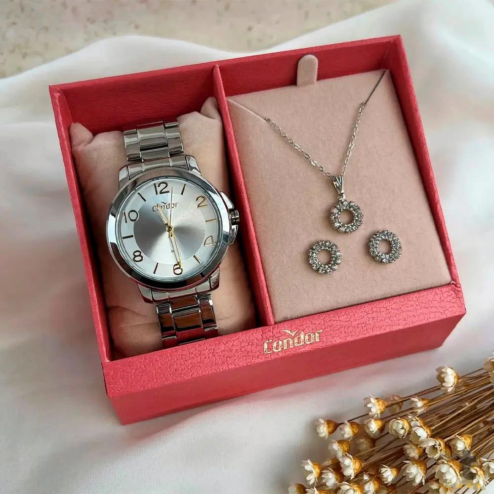 Kit Relógio de Pulso Condor em Aço C/ Colar e Brincos - CO2035NAO/K4K Truedata
