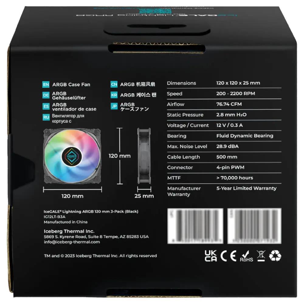 Kit c/ 3 Cooler Fan para Gabinete Iceberg Thermal IceGale Lightning ARGB 120mm Preto - IG12LT-B3A Truedata