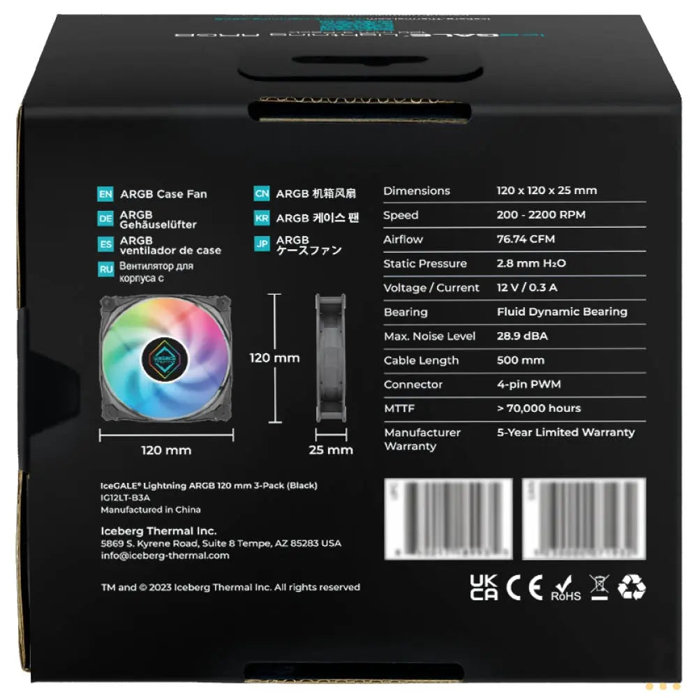 Kit c/ 3 Cooler Fan para Gabinete Iceberg Thermal IceGale Lightning ARGB 120mm Preto - IG12LT-B3A Truedata