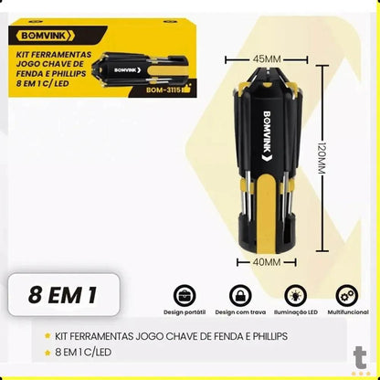 Kit de Ferramentas Portátil 8 em 1 C/ Led Bomvink - BOM-3115 Truedata