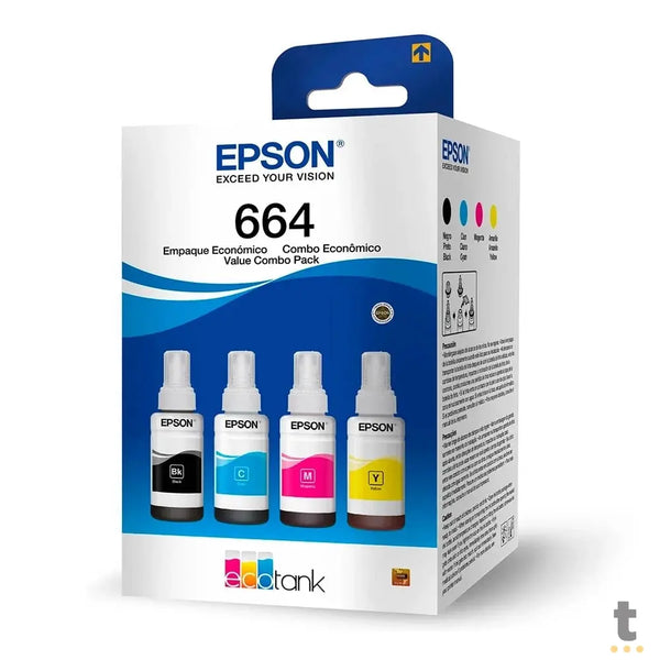Kit de Refil De Tinta Epson T664 - Preto Ciano Amarelo e Magenta - P/ L110 L120 L200 L395 L1300