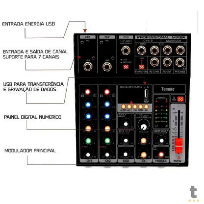Mesa De Som Tomate USB Mixer 5 Canais TYT-005 Truedata