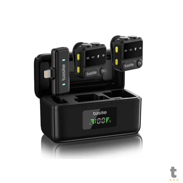 Microfone Sem Fio Wireless Lapela Tipo C Basike a Prova de Vento C/ 2 Microfones e Base de Carregamento