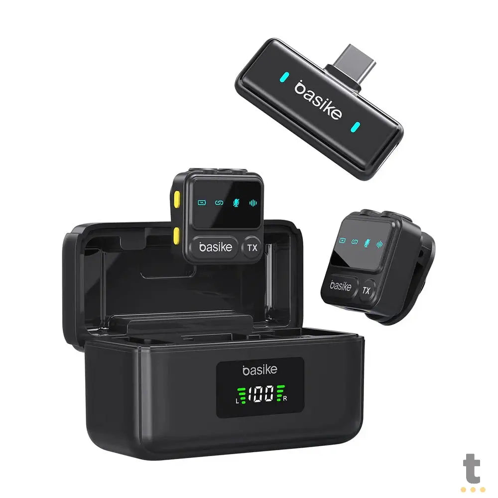 Microfone Sem Fio Wireless Lapela Tipo C Basike a Prova de Vento C/ 2 Microfones e Base de Carregamento Truedata