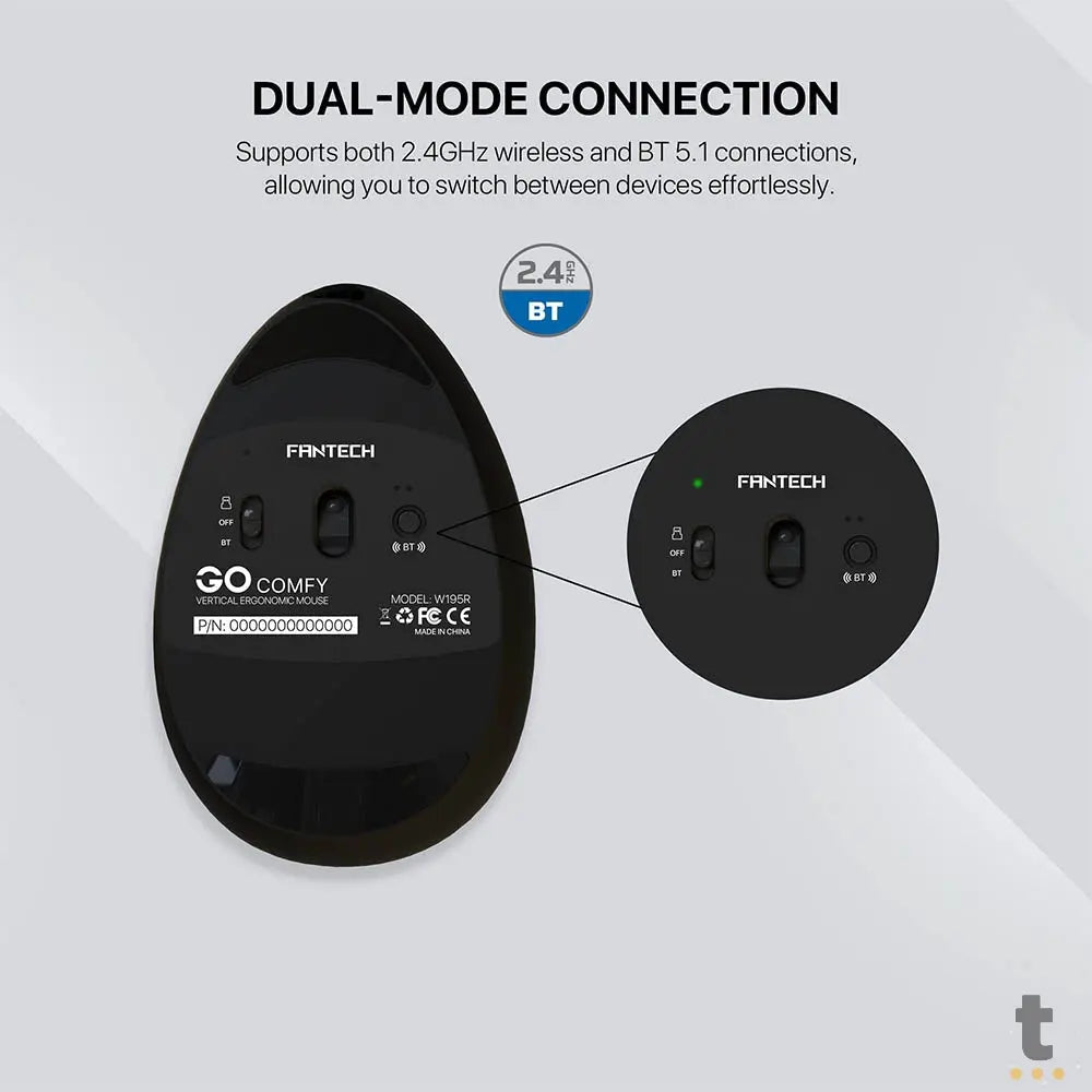 Mouse Sem Fio Ergonomico Fantech Go Comfy Silent 1600Dpi Ajustável 7 Botões Cinza - W195R Truedata