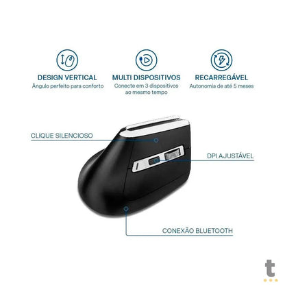 Mouse Sem Fio Ergonomico Multi 3200Dpi Ajustável 6 Botões Preto - MO382 Truedata