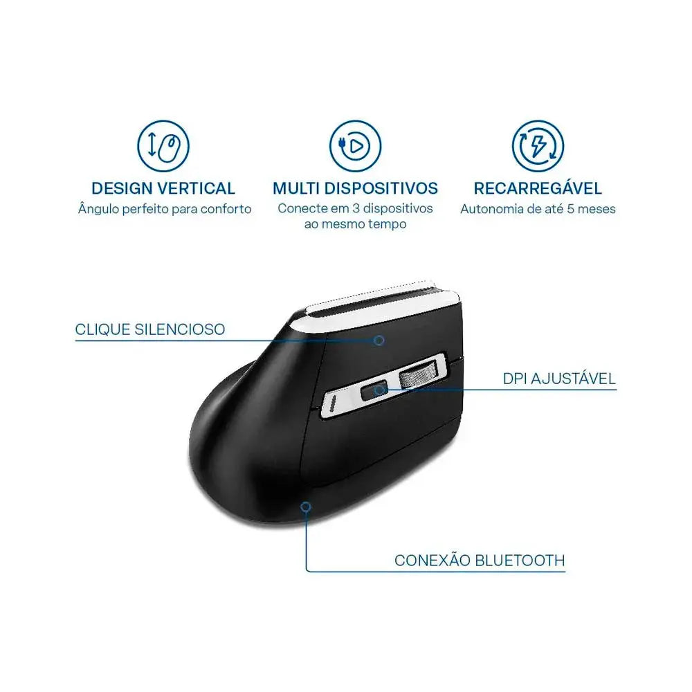 Mouse Sem Fio Ergonomico Multi 3200Dpi Ajustável 6 Botões Preto - MO382 Truedata