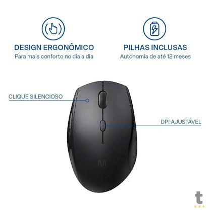 Mouse Sem Fio Multilaser Mo381 Clique Silencioso Preto 1600dpi Truedata