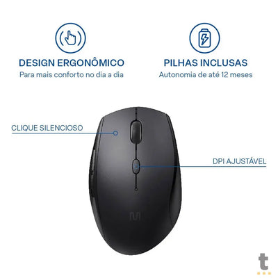 Mouse Sem Fio Multilaser Mo381 Clique Silencioso Preto 1600dpi