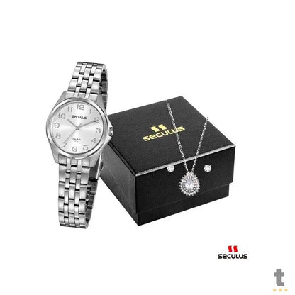 Relógio de Pulso Seculus C/ Colar e Brincos Prata - 20866L0SVNA3K2 Truedata