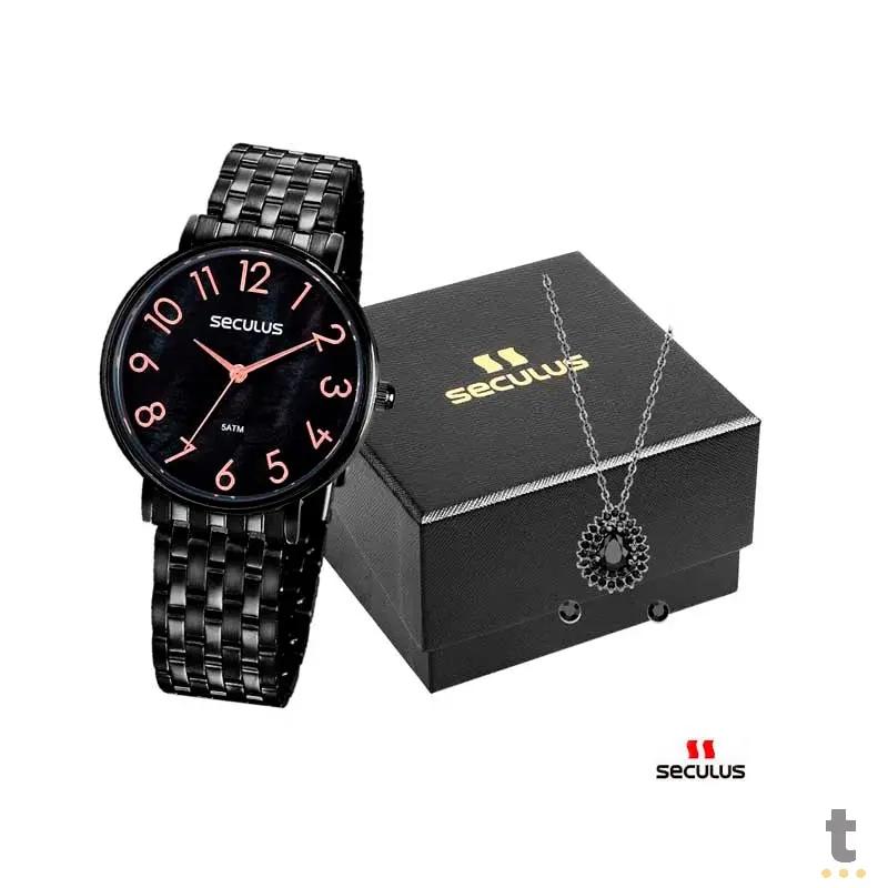 Relógio de Pulso Seculus Casual em Aço Preto C/ Colar e Brinco - 77050LPSVPS3K1 Truedata