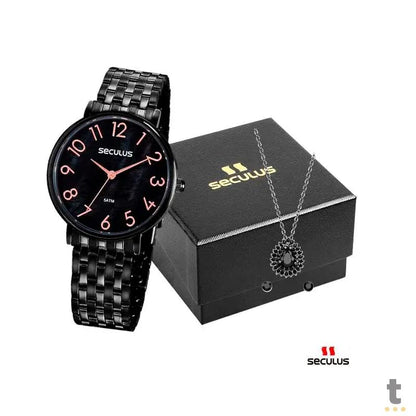 Relógio de Pulso Seculus Casual em Aço Preto C/ Colar e Brinco - 77050LPSVPS3K1 Truedata