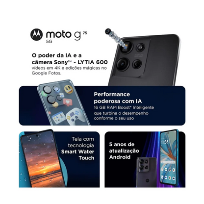 Smartphone Moto G75 5G Android 256GB 8GB Cam 50MP+8MP Cam Front 16MP Octa-Core Tela 6.8" Cinza - Motorola