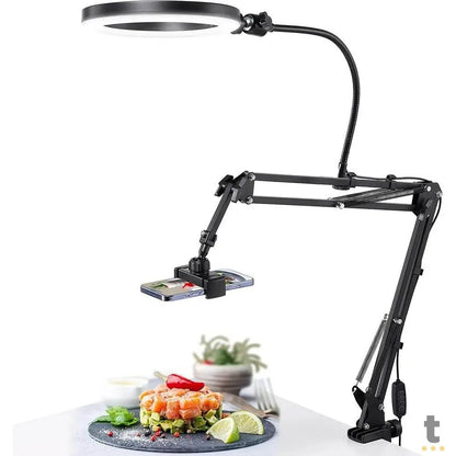 Suporte De Mesa Para Celular com Braço Articulado e Ring Light Branco Oberon - OR-PL31 Truedata