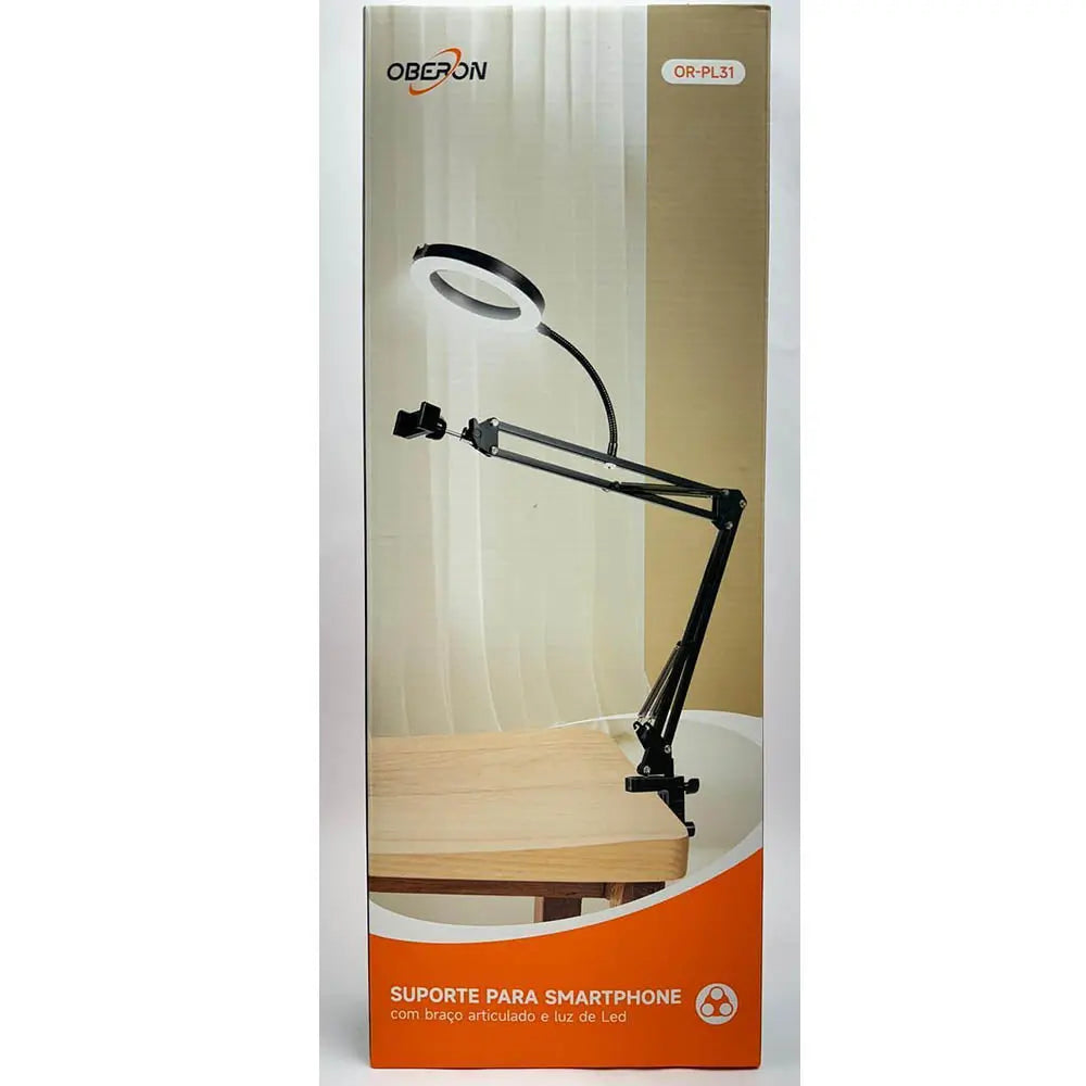 Suporte De Mesa Para Celular com Braço Articulado e Ring Light Branco Oberon - OR-PL31 Truedata