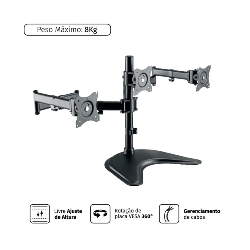 Suporte de Mesa para Três Monitores PCYes 13" a 27" Vesa 100x100 - PLMSM03A Truedata