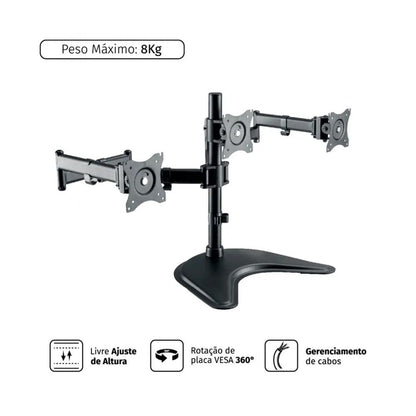 Suporte de Mesa para Três Monitores PCYes 13" a 27" Vesa 100x100 - PLMSM03A Truedata