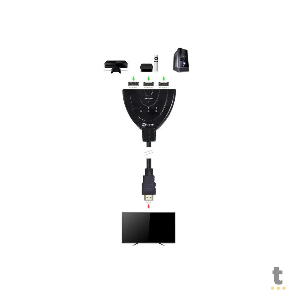 Switch Hdmi 3 Portas Vinik - Com Suporte - Conecta Até 3 Aparelhos Em 1 Monitor Truedata