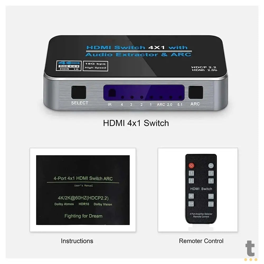 Switch Hdmi 4 Portas ARC C/ Controle Remoto Truedata