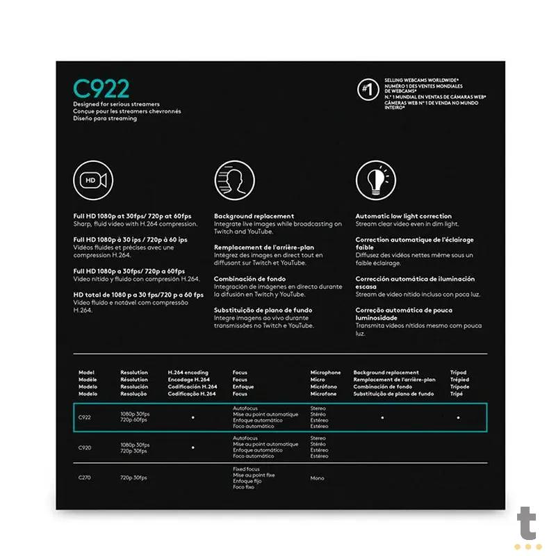 Webcam Logitech C922 Pro Full Hd 1080p 60fps Video Chamada Foco Automático Campo De Visão 78 Graus 960-001087 Truedata