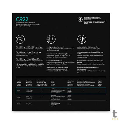 Webcam Logitech C922 Pro Full Hd 1080p 60fps Video Chamada Foco Automático Campo De Visão 78 Graus 960-001087 Truedata