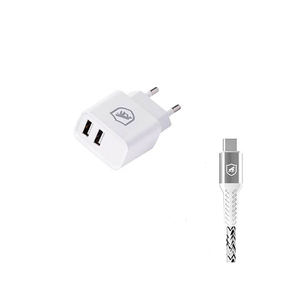 Kit Carregador de Parede Flex 2 USB + Cabo Nylon Kevlar Branco USB Tipo C 1,5m GShield - GS-8348