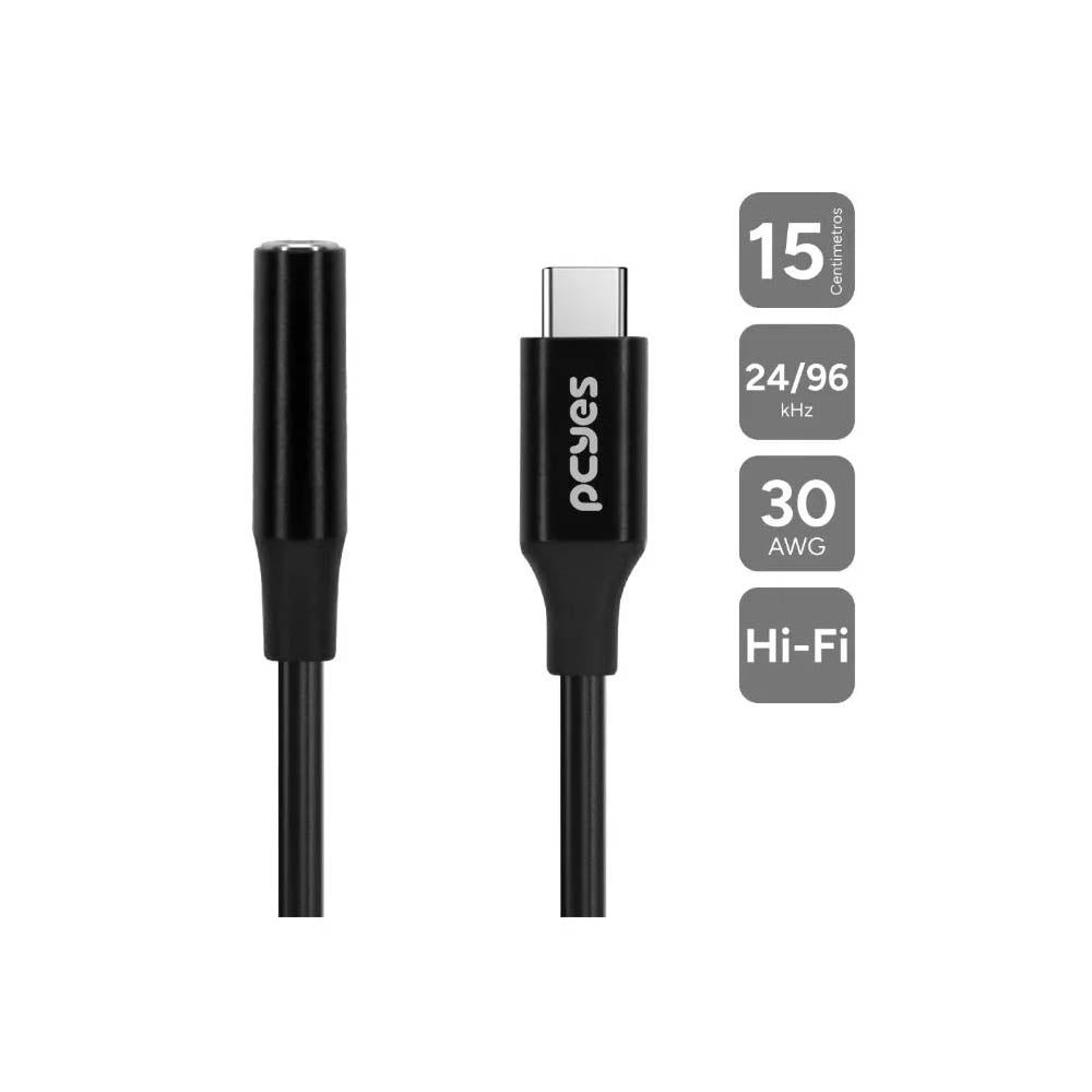 Cabo Adaptador Usb Tipo C Macho para P3 Fêmea PCYes 15cm Preto - P3UCP-15P