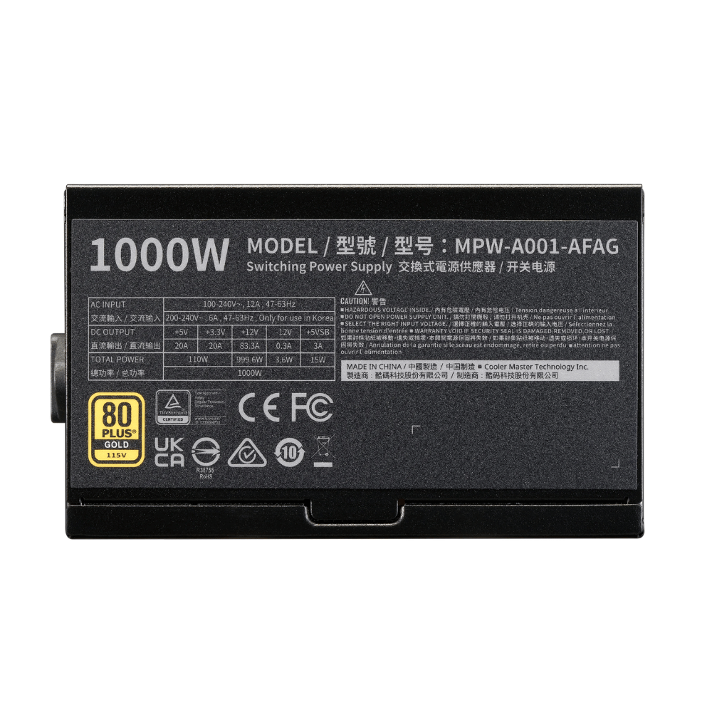 Fonte Real Full Modular 1000w Cooler Master Elite Gold 80 Plus  PFC Ativo - MPW-A001-AFAG-BWO