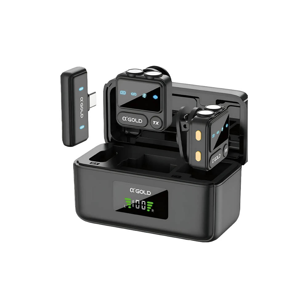 Kit C/ 2 Microfones Sem Fio Magnético Lapela Tipo-C aGold C/ Base de Carregamento e Redução de Ruído - MCF-26 Truedata