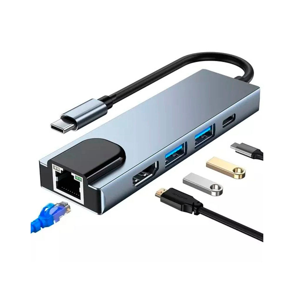 Adaptador Usb Tipo C 6 em 1 Para Rj45 / HDMI / USB 3.0 e USB Tipo C