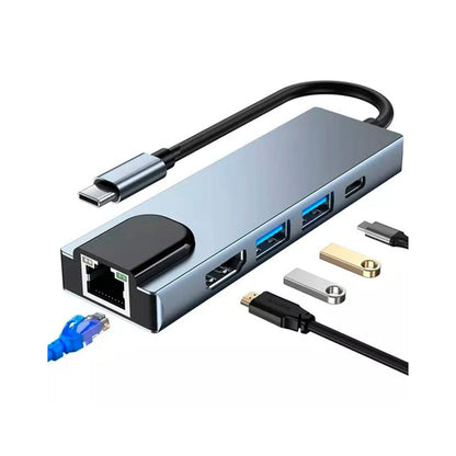Adaptador Usb Tipo C 6 em 1 Para Rj45 / HDMI / USB 3.0 e USB Tipo C