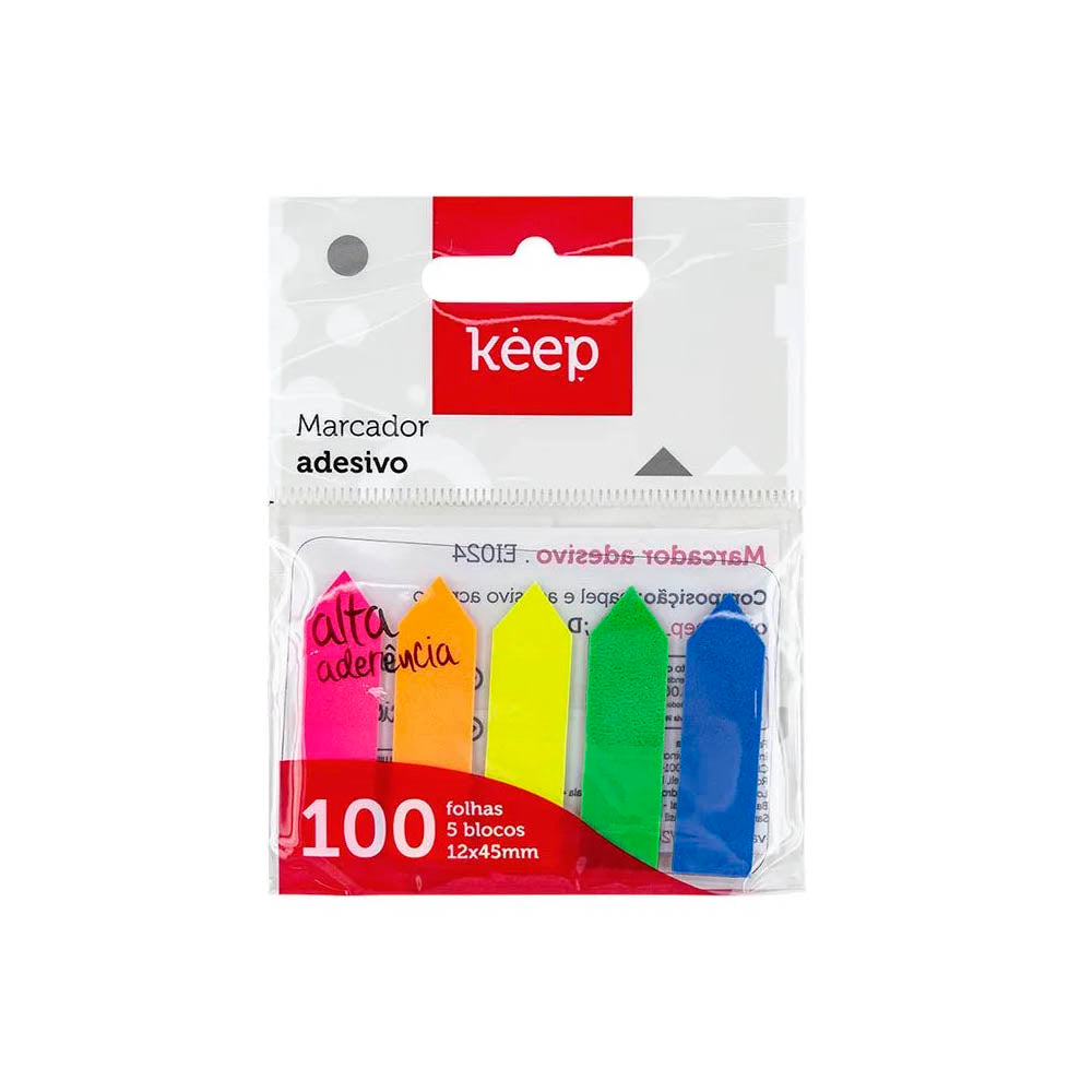Marcador Pagina Adesivo Seta 12x44mm 5 Cores Neon 100 Folhas Keep - EI024