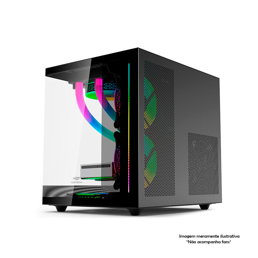 Gabinete Gamer C3Tech Aquarius Mid Tower C/ Frente e Lateral em Vidro Temperado e RGB S/ Fonte Preto - MT-G810BK