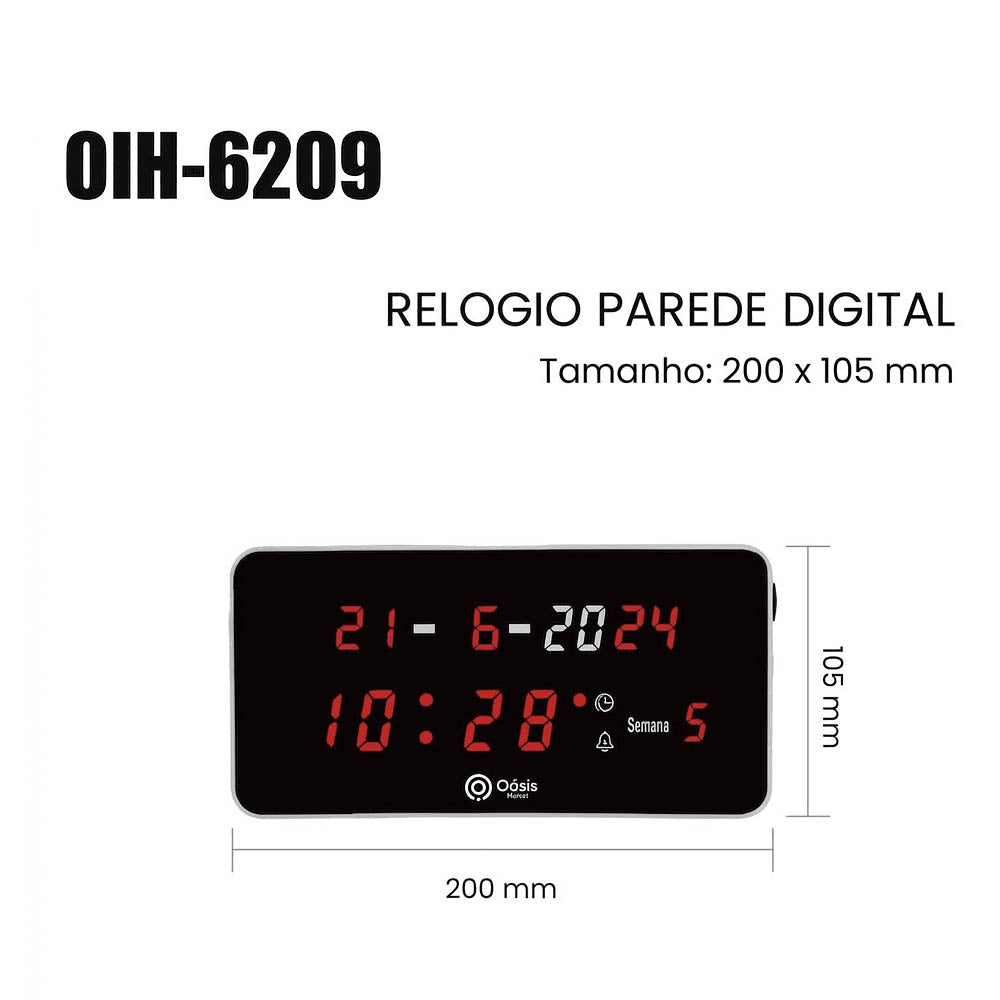 Relogio De Parede Led Digital Oasis - OIH-6209