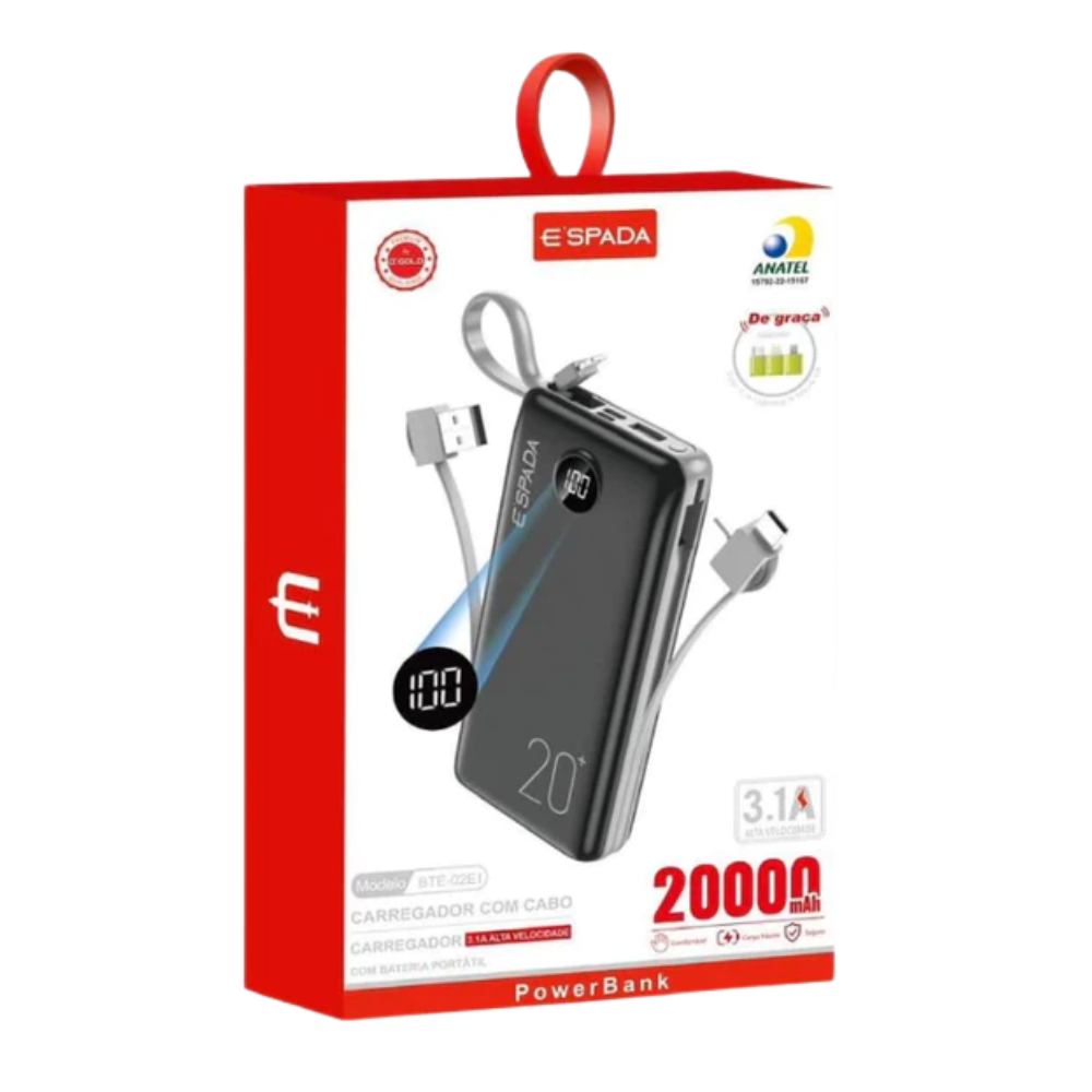Carregador Portátil Power Bank Espada 20000Mah Multiconexões Preto C/ Display - BTE-02E1