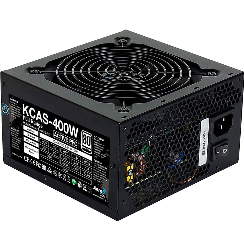 Fonte Real Atx 400w Aerocool 80 Plus White Kcas-400 Pfc Ativo S/ Cabo Biv Truedata