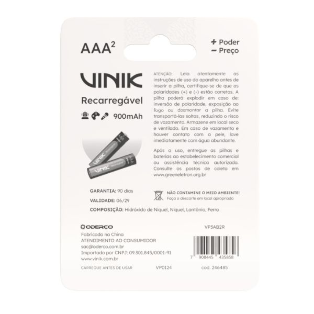Pilha Recarregável AAA 900Mah 1.2v Vinik (Blister C/ 2 Pilhas) - VP3AB2R