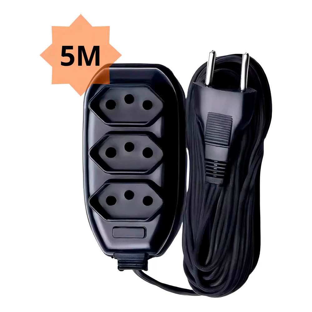 Extensão Elétrica 3 Tomadas Preta 5mts