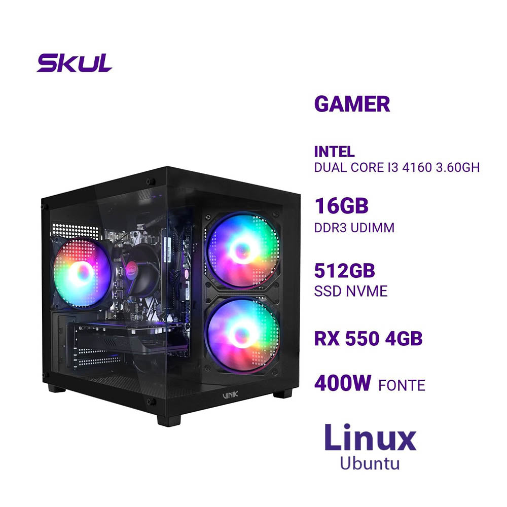 Computador Gamer Skul 3000 Intel I3-4160 3.60Ghz 16gb Ssd 512gb Nvme RX 550 4Gb Fonte 400W