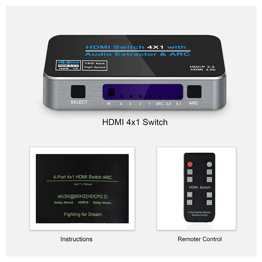 Switch Hdmi 4 Portas ARC C/ Controle Remoto