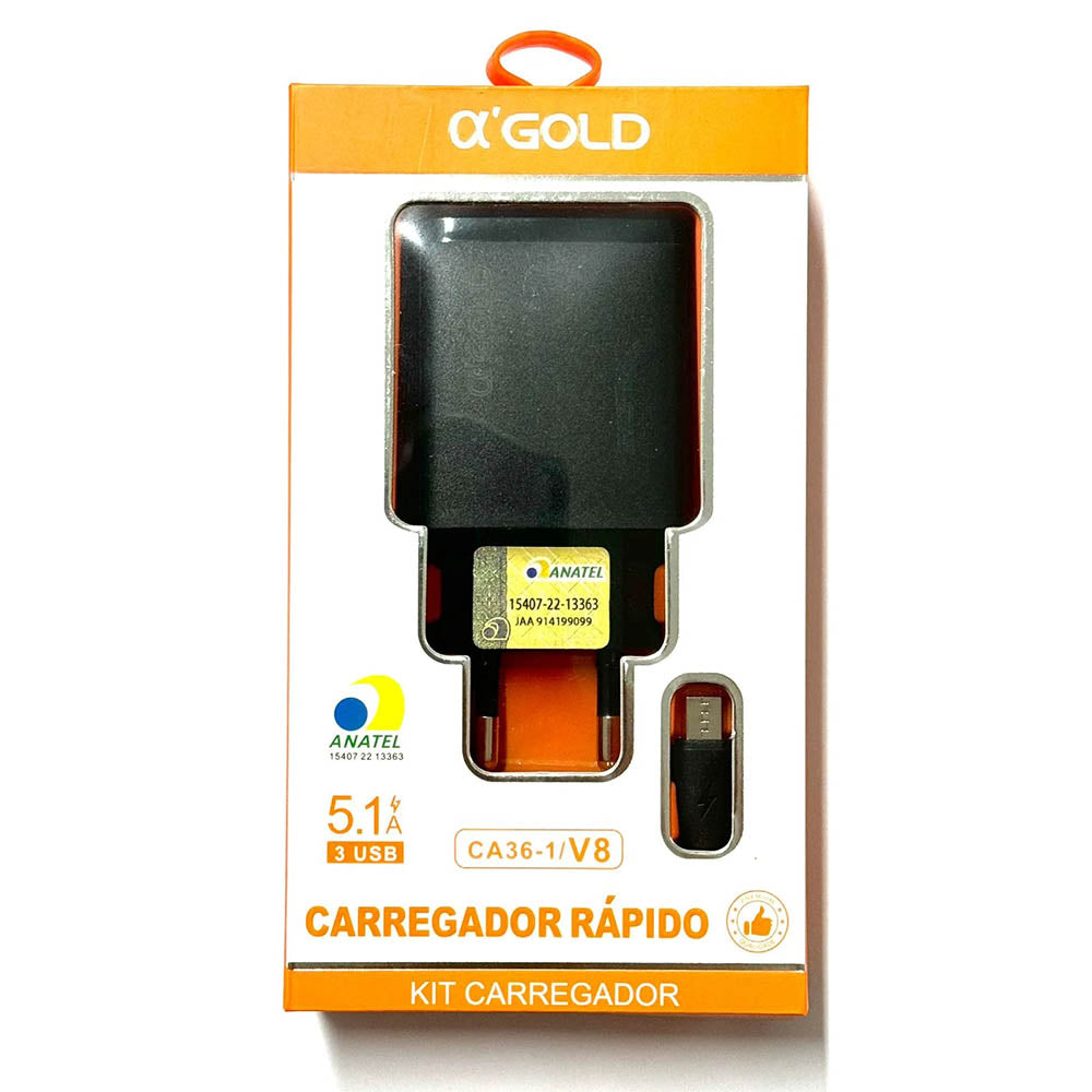 Carregador De Parede aGold 3 Usb C/ Cabo V8 5.1A - CA36-1