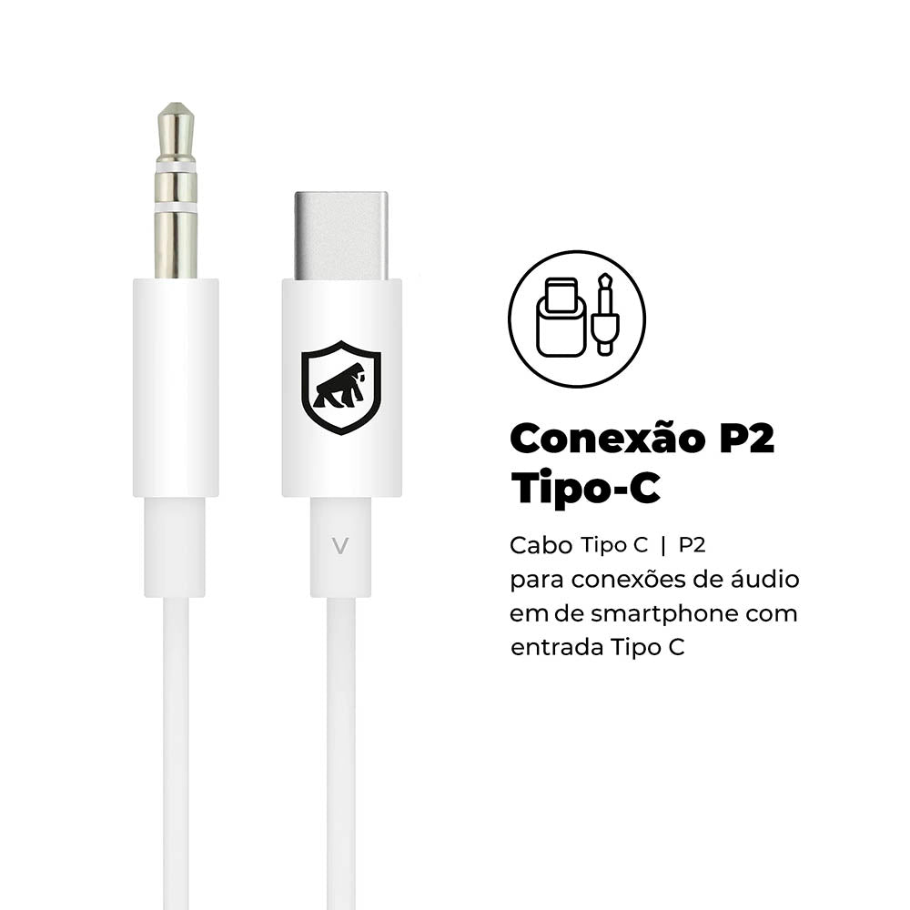 Cabo de Áudio Auxiliar P2 Macho P/  USB Tipo C GShield 1m Branco - GS-5946
