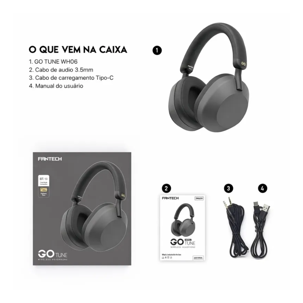 Headset Sem Fio Bluetooth + P3 Fantech GO Tune Cinza - WH06