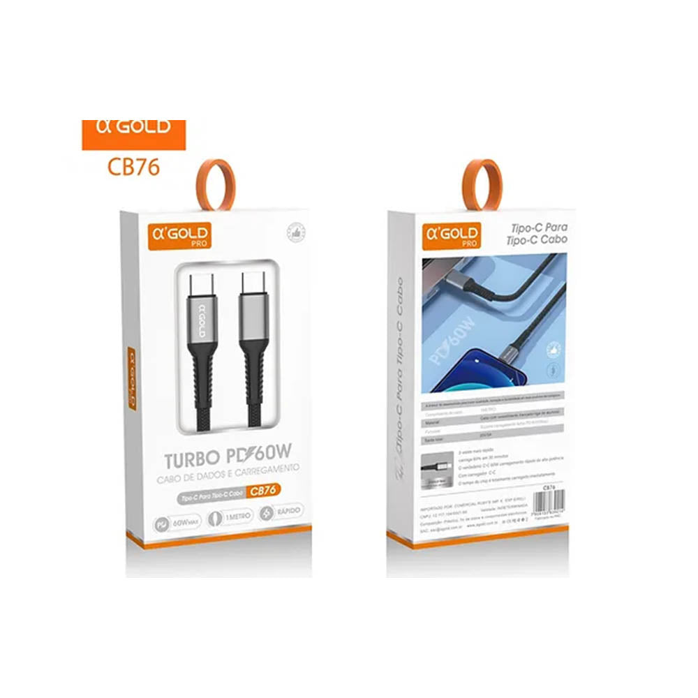 Cabo de Dados USB Tipo C 1,0m aGold Pro Turbo 60W - CB76 Truedata