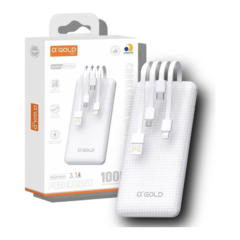 Carregador Portátil Power Bank AGold 10000Mah Multiconexões Preto - BTE-80A